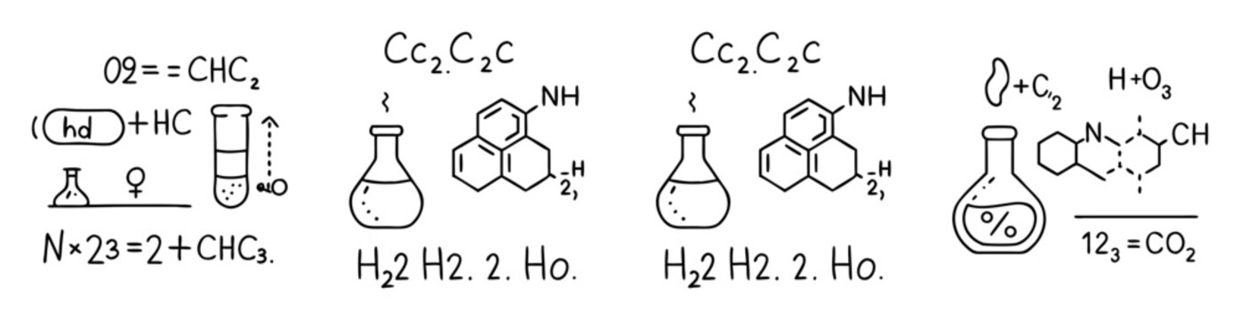 Hand drawn chemistry and scientific doodle illustration with equations and glassware