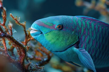 Parrotfish with vivid scales nibbling tropical coral