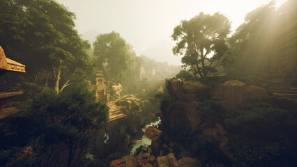 Obraz premium sunlit ancient temple in jungle, hidden canyon with winding river, moss covered stone terraces and carved archways, golden rays piercing canopy, soft mist