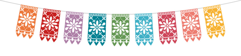 Vertical Mexican papel picado banner with floral cutouts for Cinco de Mayo decoration. Vector illustration © _AsAnia_