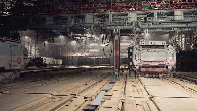 Service maintenance bay with parked vehicles and hoist, overhead beams, worn metal flooring, scattered tool chests and crates, focused repair atmosphere