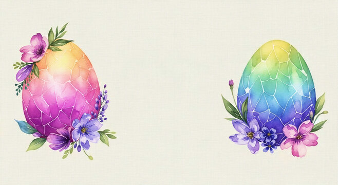 Colorful Easter eggs decorated with flowers on beige background