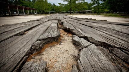 Fototapeta premium Splintered old wooden planks forming a cracked, weathered pathway through an outdoor natural setting