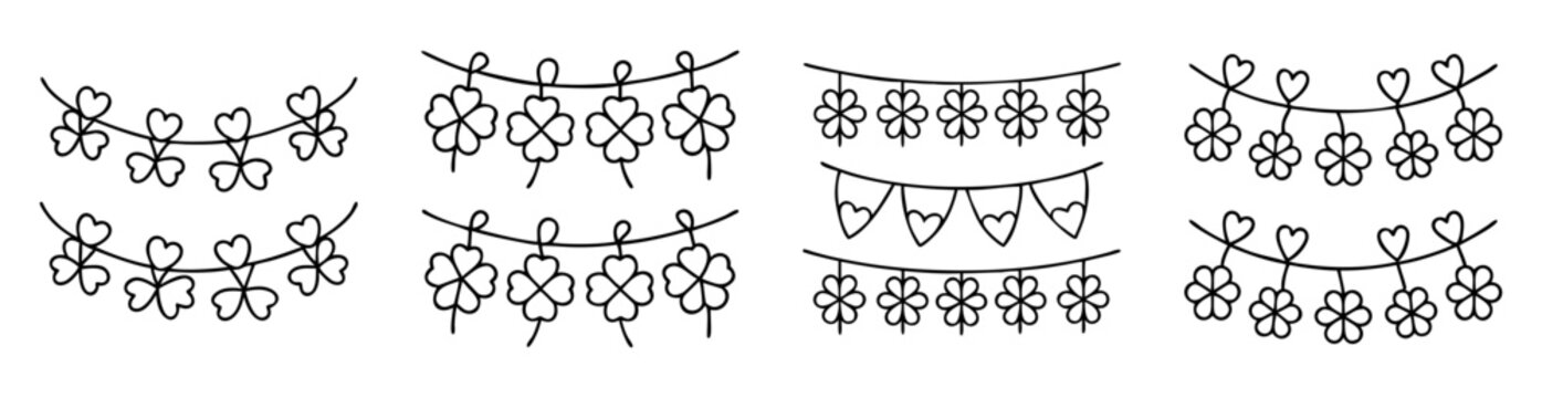 St Patricks Day decorative garlands with four leaf clovers and hearts