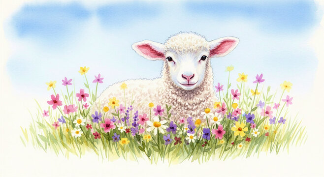 Lamb with Flowers in a field of colorful blooms under clear sky
