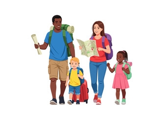 Fototapeta premium Family of four with backpacks and maps walking together in a joyful illustration