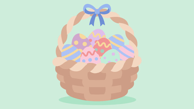 Braided wicker basket filled with pastel decorated Easter eggs isolated on soft background. Flat vector illustration perfect for greeting cards and seasonal marketing.