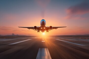 Fototapeta premium Passenger jet departing runway at early dawn