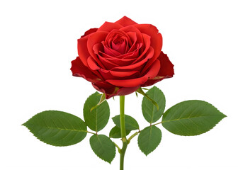Fototapeta premium A red rose with green leaves on a white background isolated on transparent background