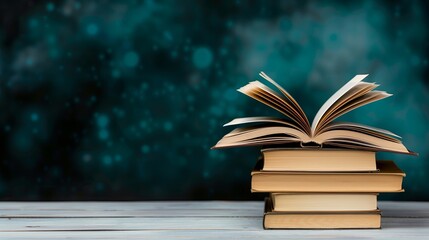 Fototapeta premium Collection of opened books showcasing motivational stories against teal softly blurred backdrop