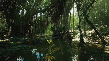 Obraz premium sundrenched river bend with glossy water, winding channel flanked by mangrove roots and shaded banks, adventurous route for paddling or exploration with warm