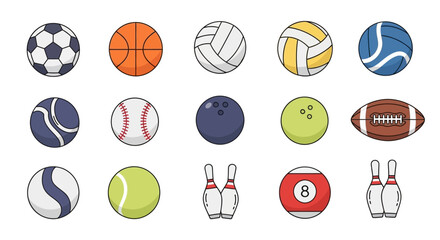 Fototapeta premium Flat vector sports balls icon set isolated on white background,