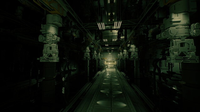 narrow underground service corridor with damp floor and heavy pipework, low ceiling lined with service rigs and hanging connectors, muted green light and wet