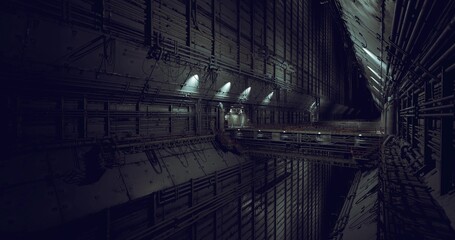Dark industrial corridor with dim lights and reflective floor, towering metal walls, distant maintenance platform, droneready atmosphere, cinematic shadows, © icetray