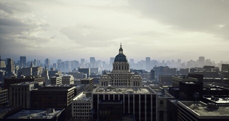 Historic sunny panorama, Architectural view with city layers, Urban skyline beneath bright sky highlights architectural characteristic details © icetray