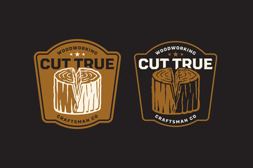 Split wood log vintage badge logo design set for woodworking. Cut tree trunk retro patch sticker pack for carpentry. Timber stump rustic emblem element bundle for craftsman. Chopped log. Wood block © salzcreative