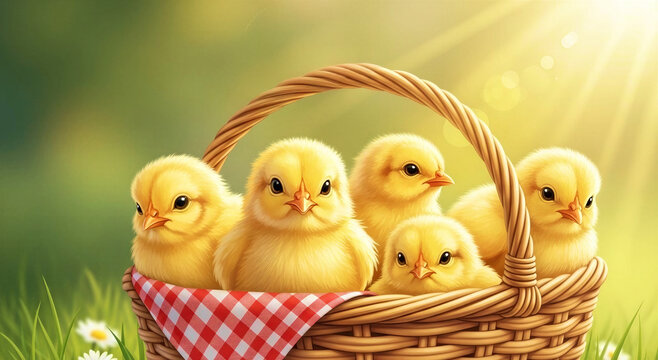 Baby chicks sitting in a wicker basket on green grass in sunlight