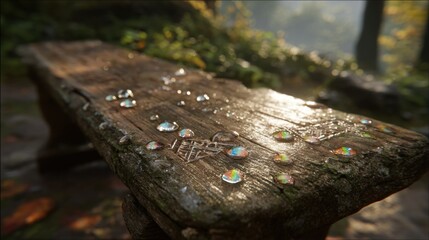 Obraz premium Reflective Water Droplets on Weathered Wooden Surface with Blurred Natural Background