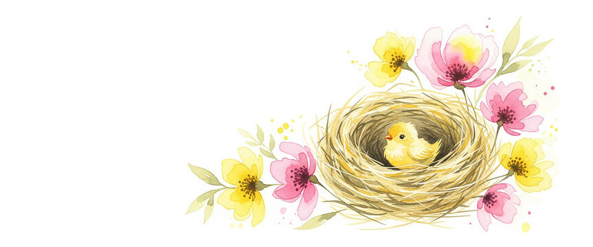 Baby chick in nest with flowers and soft pastel colors