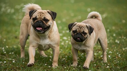 Two Playful Pug Dogs Running on Green Grass.