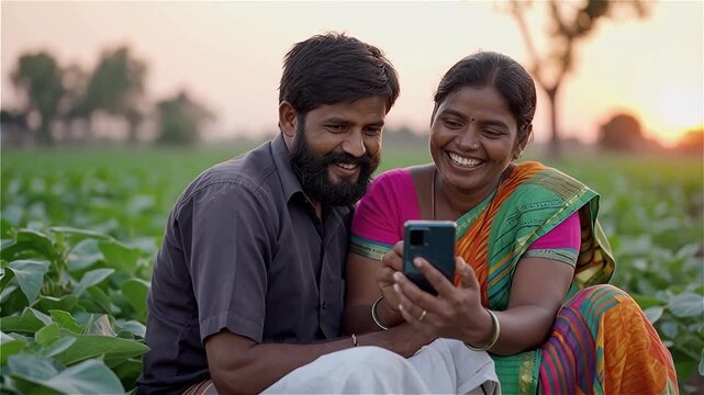 Happy Indian farmer couple sitting in green agricultural field using smartphone together during sunset for digital connectivity and rural agritech development concepts
