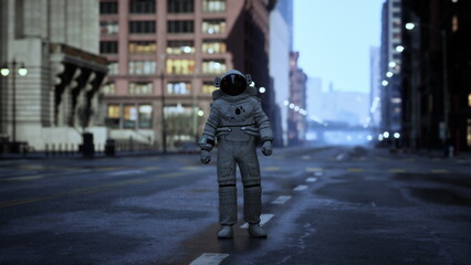 In a quiet urban landscape, an astronaut stands alone on deserted streets, illuminated by the soft glow of dawn. The buildings loom tall, creating a surreal atmosphere. © icetray