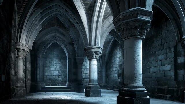 Dark gothic stone corridor with arches and columns, medieval cathedral interior in moody blue light