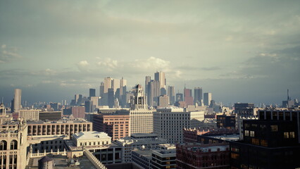 Obraz premium city skyline at golden hour bathed in warm glow, vintage film grain, intricate rooftops and brick facades, long shadows and soft clouds suitable