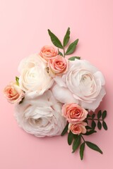 Obraz premium Beautiful flowers on pink background, flat lay