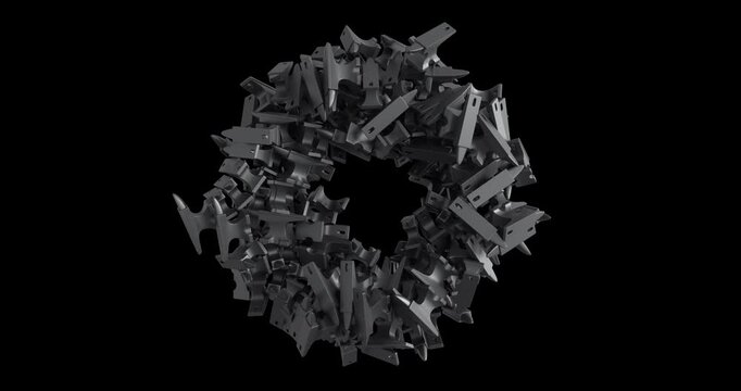 Multiple 3D anvil models forming a rotating ring in a seamless loop. 4K UHD, isolated on transparent background with alpha channel. Great for metalwork, craft, and intro overlays.