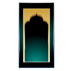 Islamic-style decorative arch frame with a gold border and a dark green-to-black gradient background
