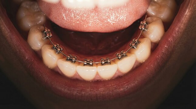 Lower teeth with lingual braces on inner surfaces showing discreet metal brackets and archwire