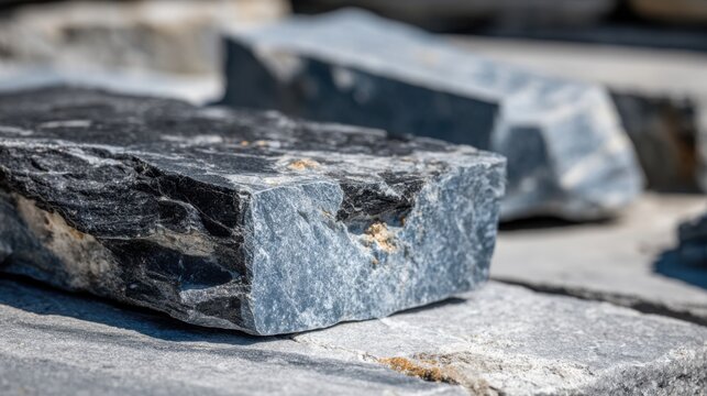 Rough-hewn dark grey stone blocks with textured surfaces, ready for construction and building projects