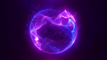 Abstract round blue to purple sphere light bright glowing from energy rays and magic waves from particles and dots, abstract background © Bolbik