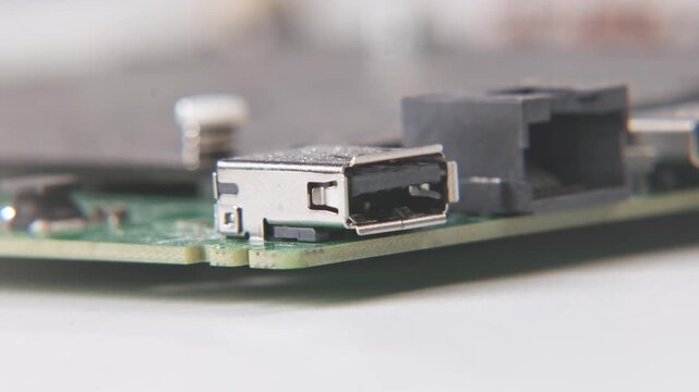 Close up view and blurred focus of opened technology motherboard mother board electronics of broken TV television ports like HDMI video, ethernet, T-con ribbon cables, component, and audio input open
