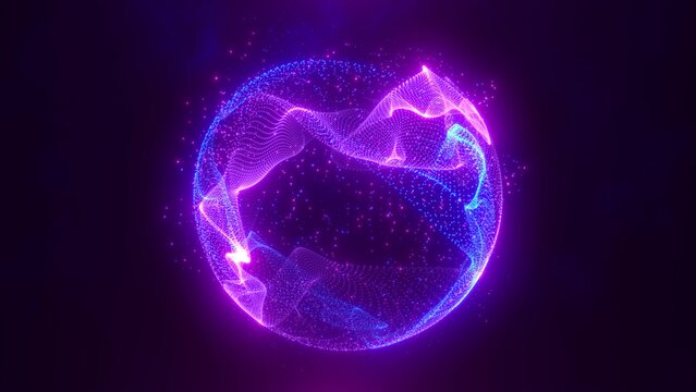 Abstract round blue to purple sphere light bright glowing from energy rays and magic waves from particles and dots, abstract background
