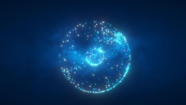 Abstract round blue particle sphere glowing energy science futuristic hi-tech background