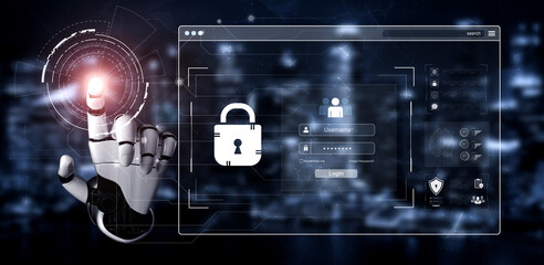 Fototapeta premium An AI assistant manages a secure login system, providing advanced user authentication. This smart technology enhances password protection to safeguard private account data from threats. Fermion
