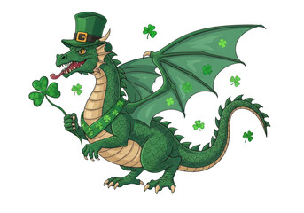 Obraz premium St. patrick's day green dragon wearing top hat with clover isolated on transparent background isolated on transparent background