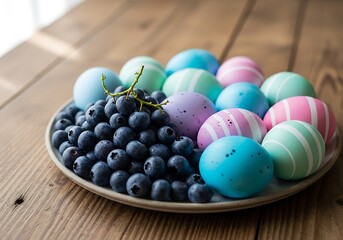Fototapeta premium Easter day celebration with colorful eggs and fresh blueberries
