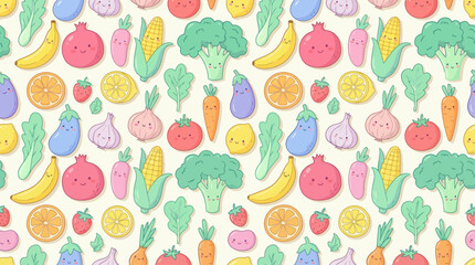 Colorful Hand Drawn Fruits and Vegetables Illustration for Healthy Food Concept