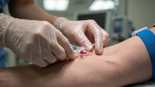 Gloved hands inserting IV catheter into forearm vein with flashback in hospital setting
