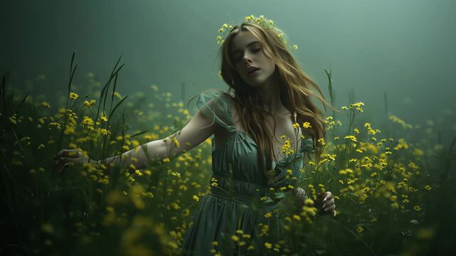 Young woman inspired by Persephone standing in blooming spring meadow with yellow wildflowers and soft misty light