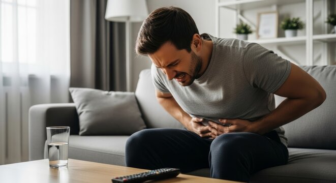 Man suffering from severe stomach ache at home on sofa. Concept of health problem, abdominal pain, digestion issue or food poisoning.