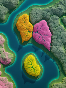 3d model of pancreas where lobule depicted textured deep yellow cluster Highlight islet of Langerhans contrasting shade of green pink creating striking visual effect Place pancreas within soft