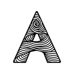 The stylized letter A features swirling lines and patterns in a black illustration.