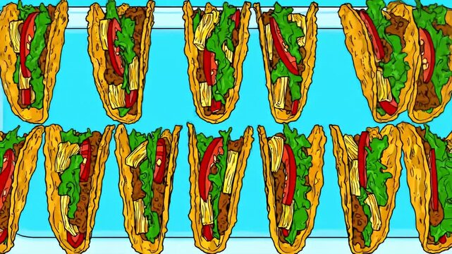 Cartoon-style tacos on a platter with fillings. Light blue background; bold outlines