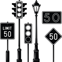 City street elements silhouette set with traffic lights, vintage lamppost, and speed limit road signs vector illustration