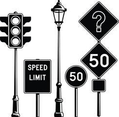 City street elements silhouette set with traffic lights, vintage lamppost, and speed limit road signs vector illustration