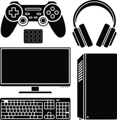 PC Gaming Setup Hardware Silhouette Vector Icon Set